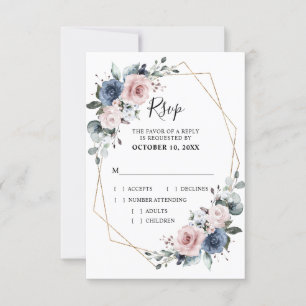 Dusty Blue Mauve Eucalyptus Geometric Wedding RSVP Kaartje