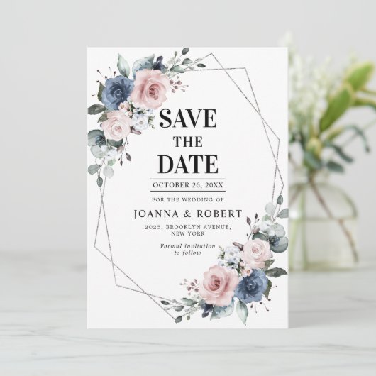Dusty Blue Mauve Eucalyptus Geometric Wedding Save Save The Date (Staand voorkant)