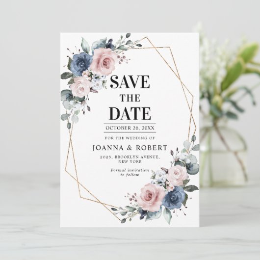 Dusty Blue Mauve Eucalyptus Geometric Wedding Save The Date (Staand voorkant)