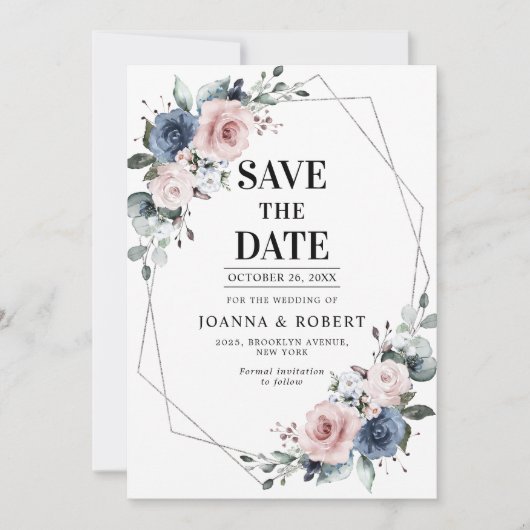 Dusty Blue Mauve Eucalyptus Geometric Wedding Save The Date (Voorkant)