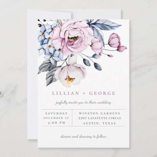 Dusty Blue Mauve Floral Bouquet Wedding Invitation Aankondiging (Voorkant)