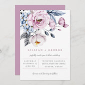 Dusty Blue Mauve Floral Bouquet Wedding Invitation Aankondiging (Voorkant / Achterkant)