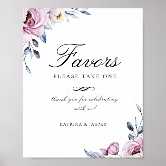Dusty Blue Mauve Floral Favor Wedding Sign Poster (Voorkant)