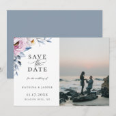 Dusty Blue Mauve Floral foto slaat de datum op Aankondiging (Voorkant / Achterkant)