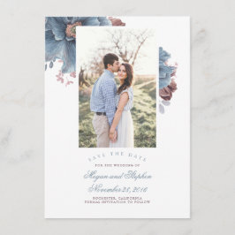 Dusty Blue & Mauve Floral Photo Save the Date Kaar Informatiekaartje