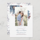 Dusty Blue & Mauve Floral Photo Save the Date Kaar Informatiekaartje (Voorkant / Achterkant)