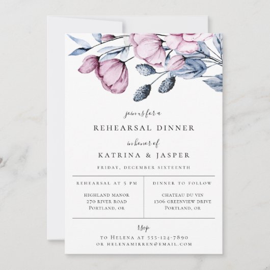 Dusty Blue Mauve Floral Rehearsal Dinner Aankondiging (Voorkant)