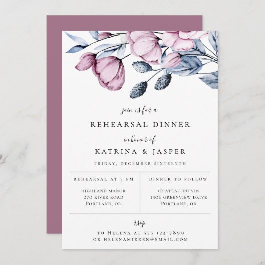 Dusty Blue Mauve Floral Rehearsal Dinner Aankondiging (Voorkant / Achterkant)