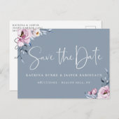 Dusty Blue Mauve Floral Save the Date Aankondigingskaart (Voorkant / Achterkant)