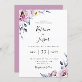 Dusty Blue Mauve Floral Wedding Kaart