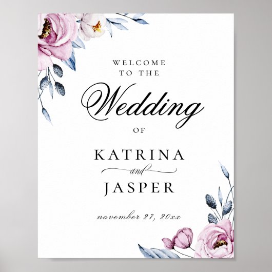 Dusty Blue Mauve Floral Wedding Welcome Poster (Voorkant)