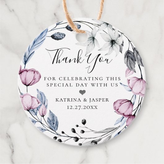 Dusty Blue mauve Floral Wreath Bruiloft Bedankjes Labels (Voorkant)
