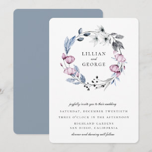 Dusty Blue Mauve Floral Wreath Wedding Kaart