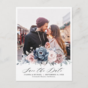 Dusty Blue Mauve Roos Foto Floral Save the Date Briefkaart
