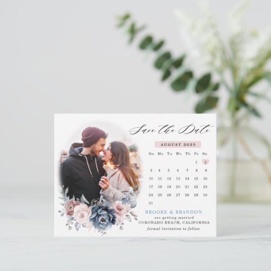 Dusty Blue Mauve Roos Fotokalender met datum Briefkaart (Staand voorkant)