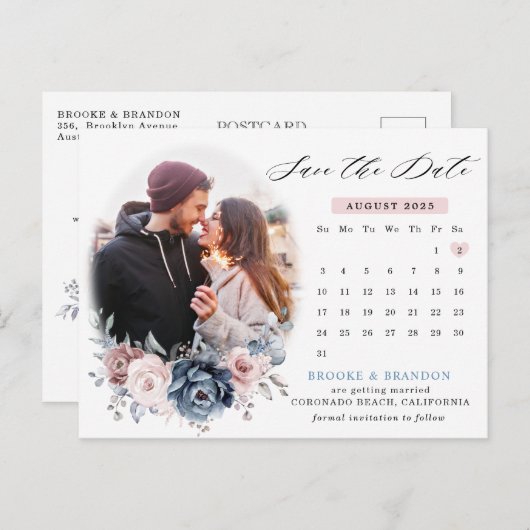 Dusty Blue Mauve Roos Fotokalender met datum Briefkaart (Voorkant / Achterkant)