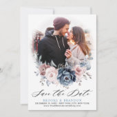 Dusty Blue Mauve Roos Pink Floral Save the Date (Voorkant)
