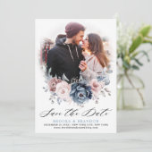 Dusty Blue Mauve Roos Pink Floral Save the Date (Staand voorkant)