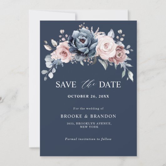 Dusty Blue Mauve Roos Pink Floral Save the Date (Voorkant)