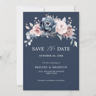 Dusty Blue Mauve Roos Pink Floral Save the Date