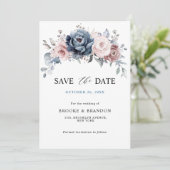 Dusty Blue Mauve Roos Pink Floral Save the Date (Staand voorkant)