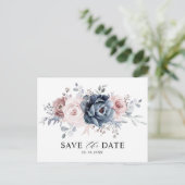 Dusty Blue Mauve Roos Pink Floral Save the Date Briefkaart (Staand voorkant)