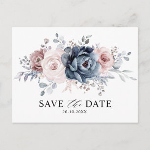 Dusty Blue Mauve Roos Pink Floral Save the Date Briefkaart