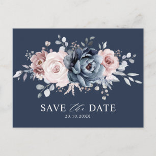 Dusty Blue Mauve Roos Pink Floral Save the Date Po Briefkaart
