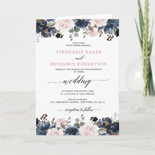 Dusty Blue Mauve Roos Pink Slate Floral Wedding (Voorkant)