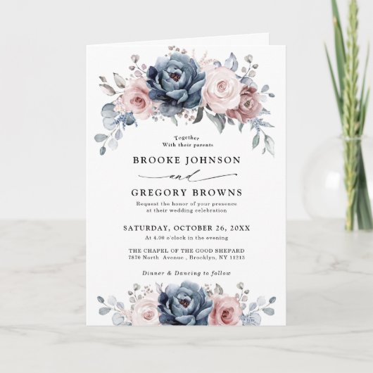Dusty Blue Mauve Roos Pink Slate Floral Wedding (Voorkant)