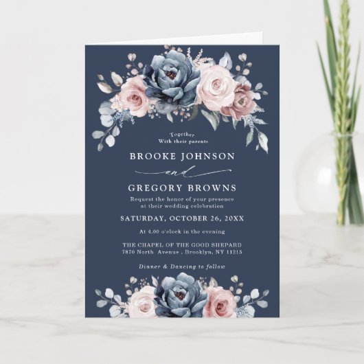 Dusty Blue Mauve Roos Pink Slate Floral Wedding (Voorkant)