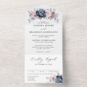 Dusty Blue Mauve Roos Pink Slate Floral Wedding All In One Uitnodiging (Binnen)