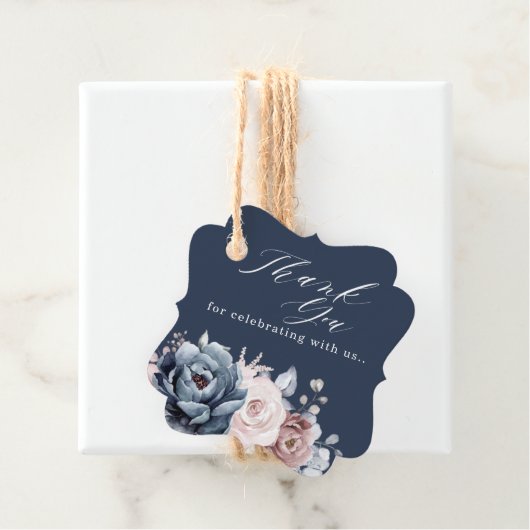 Dusty Blue Mauve Roos Pink Slate Floral Wedding F Bedankjes Labels (In situ)