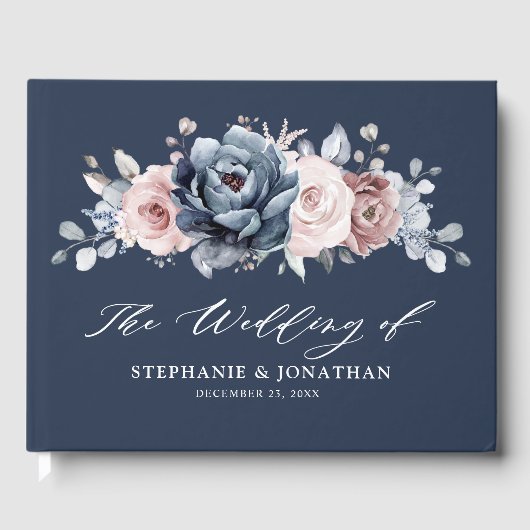 Dusty Blue Mauve Roos Pink Slate Floral Wedding G Gastenboek (Voorkant)