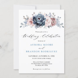 Dusty Blue Mauve Roos Pink Slate Floral Wedding Kaart