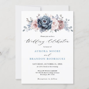 Dusty Blue Mauve Roos Pink Slate Floral Wedding Kaart