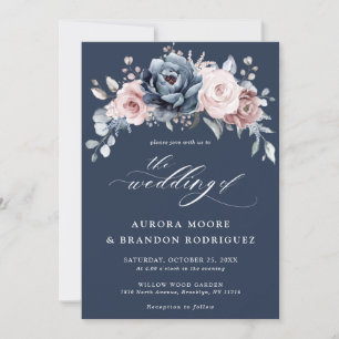 Dusty Blue Mauve Roos Pink Slate Floral Wedding Kaart