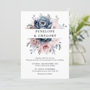 Dusty Blue Mauve Roos Pink Slate Floral Wedding Kaart