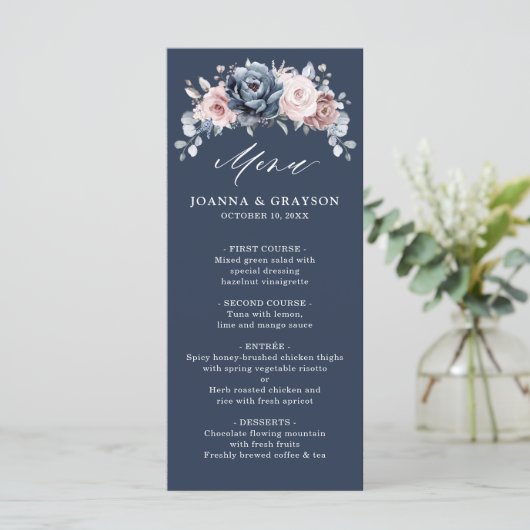 Dusty Blue Mauve Roos Pink Slate Floral Wedding M Menu (Staand voorkant)