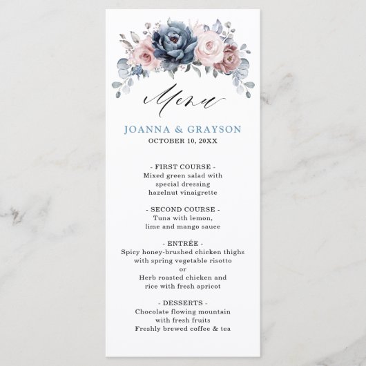 Dusty Blue Mauve Roos Pink Slate Floral Wedding Menu (Voorkant)