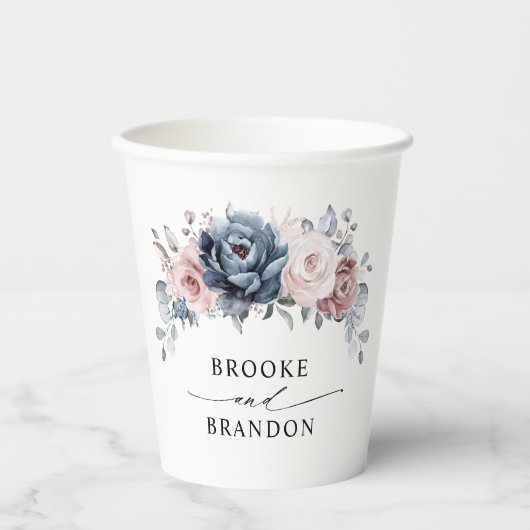 Dusty Blue Mauve Roos Pink Slate Floral Wedding Papieren Bekers (Voorkant)