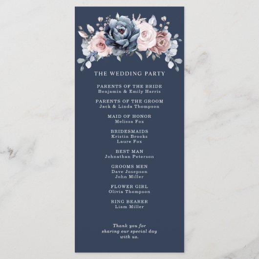 Dusty Blue Mauve Roos Pink Slate Floral Wedding Pr Programmakaart (Achterkant)