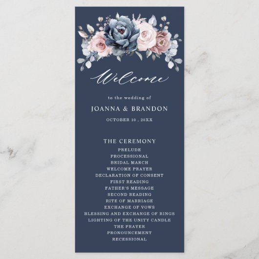 Dusty Blue Mauve Roos Pink Slate Floral Wedding Pr Programmakaart (Voorkant)