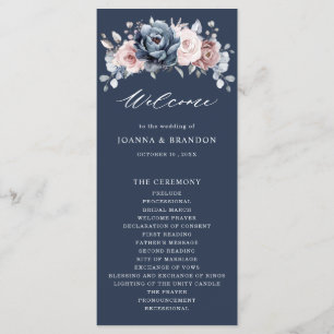Dusty Blue Mauve Roos Pink Slate Floral Wedding Pr Programmakaart