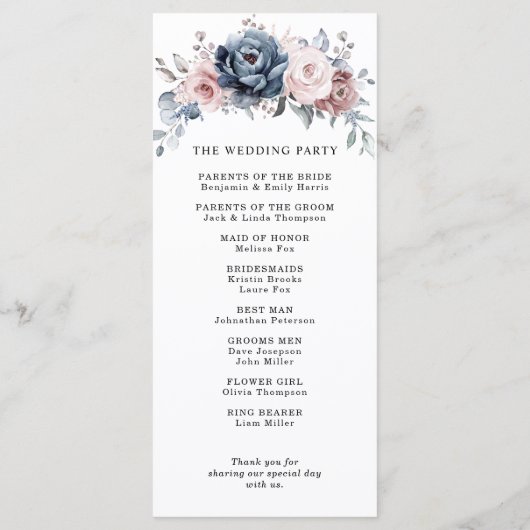Dusty Blue Mauve Roos Pink Slate Floral Wedding Programmakaart (Achterkant)