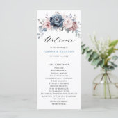 Dusty Blue Mauve Roos Pink Slate Floral Wedding Programmakaart (Staand voorkant)