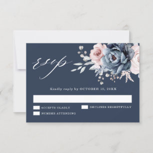 Dusty Blue Mauve Roos Pink Slate Floral Wedding RS RSVP Kaartje