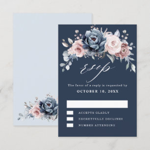 Dusty Blue Mauve Roos Pink Slate Floral Wedding RS RSVP Kaartje