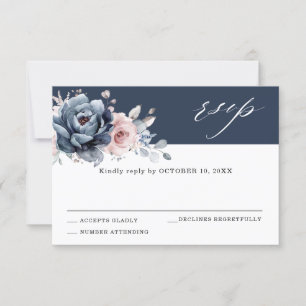 Dusty Blue Mauve Roos Pink Slate Floral Wedding RS RSVP Kaartje