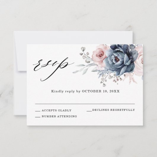 Dusty Blue Mauve Roos Pink Slate Floral Wedding RSVP Kaartje (Voorkant)